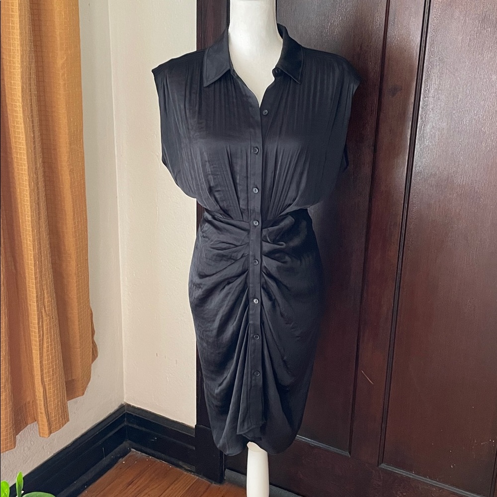 Steve Madden Black Knee-Length Dress Button Up Tie Waist Art Deco Ruching